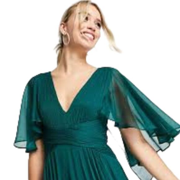 Asos Design Bridesmaid Ruched Bodice Drape Maxi Dress Wrap Waist In Forest Green - Picture 3 of 11